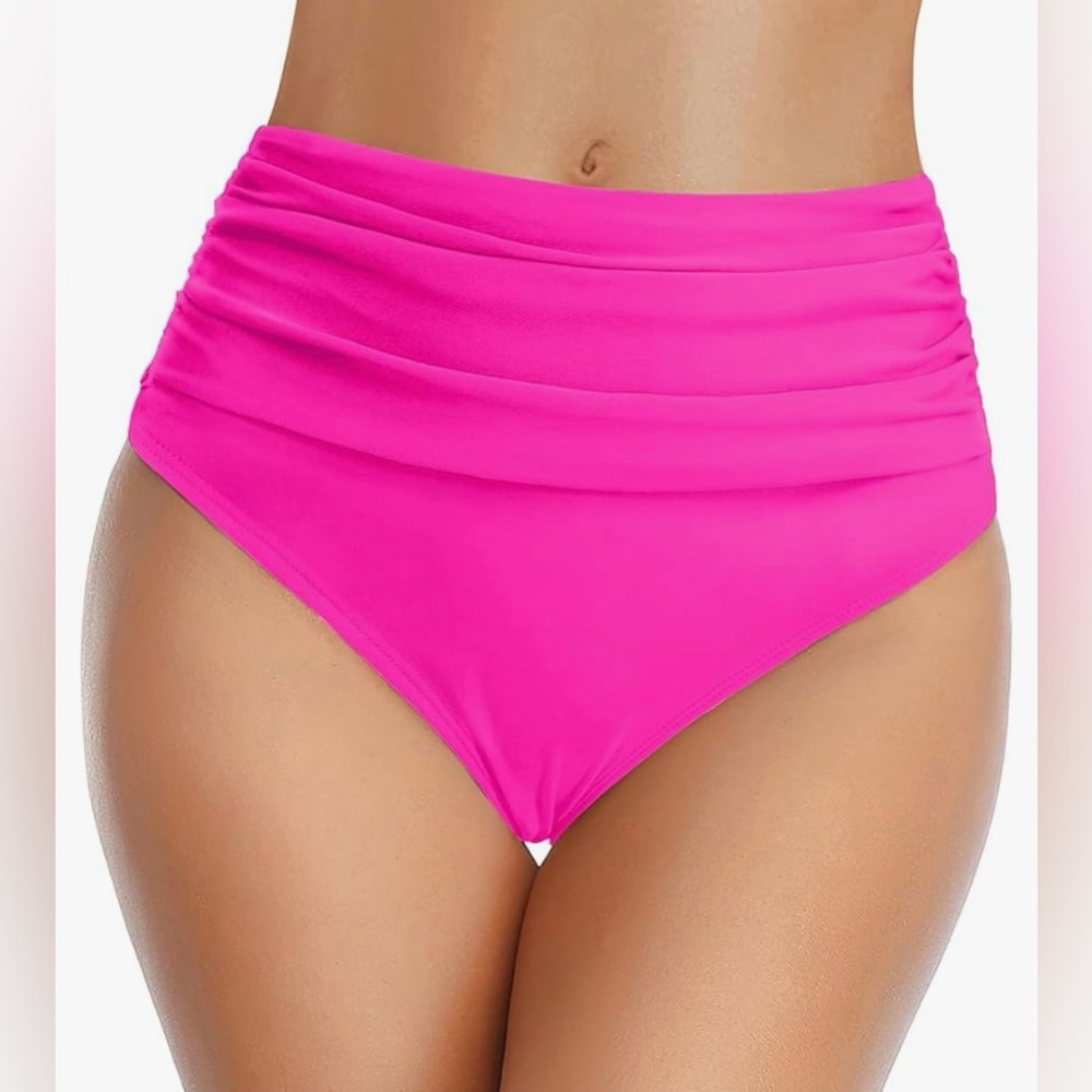 Women's High Waisted Bikini Bottom. Ruched. Tummy Control, Pink, Size XL NWOT
